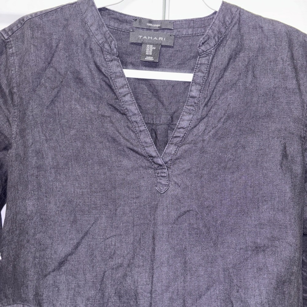 Tahari 100% Linen Tunic Shirt Dress XS Pockets Minimal Monochrome Casual Comfort - Picture 4 of 11